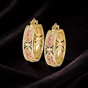 10K Gold & Pink Virgin Mary Guadalupe Hoop Earrings